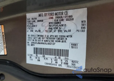 2005 Mercury Mountaineer из США, поврежденный, VIN 4M2ZU86W65UJ02127